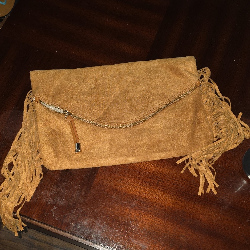 Elegant Tan Suede Clutch with Fringe